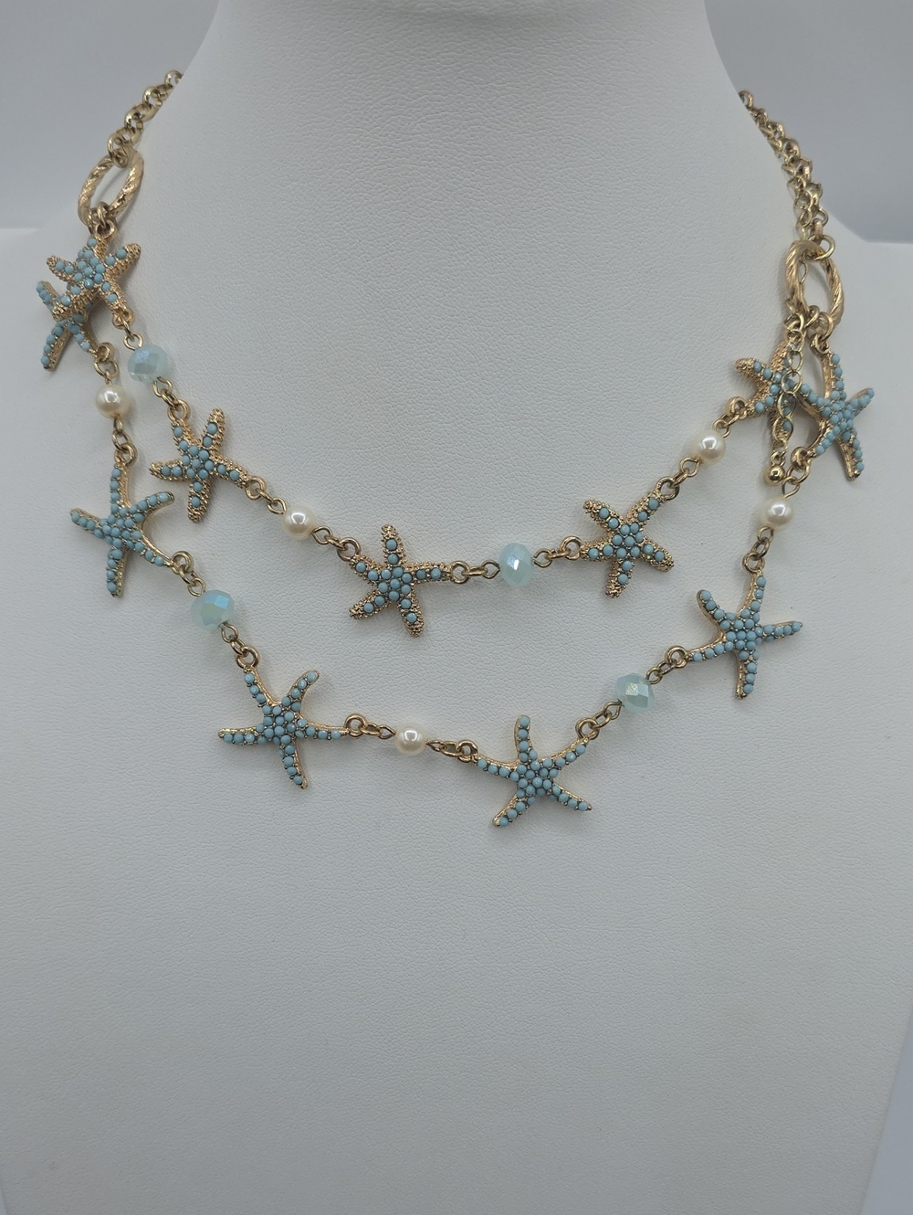 Gold Starfish Layered Necklace with Light Blue Accents